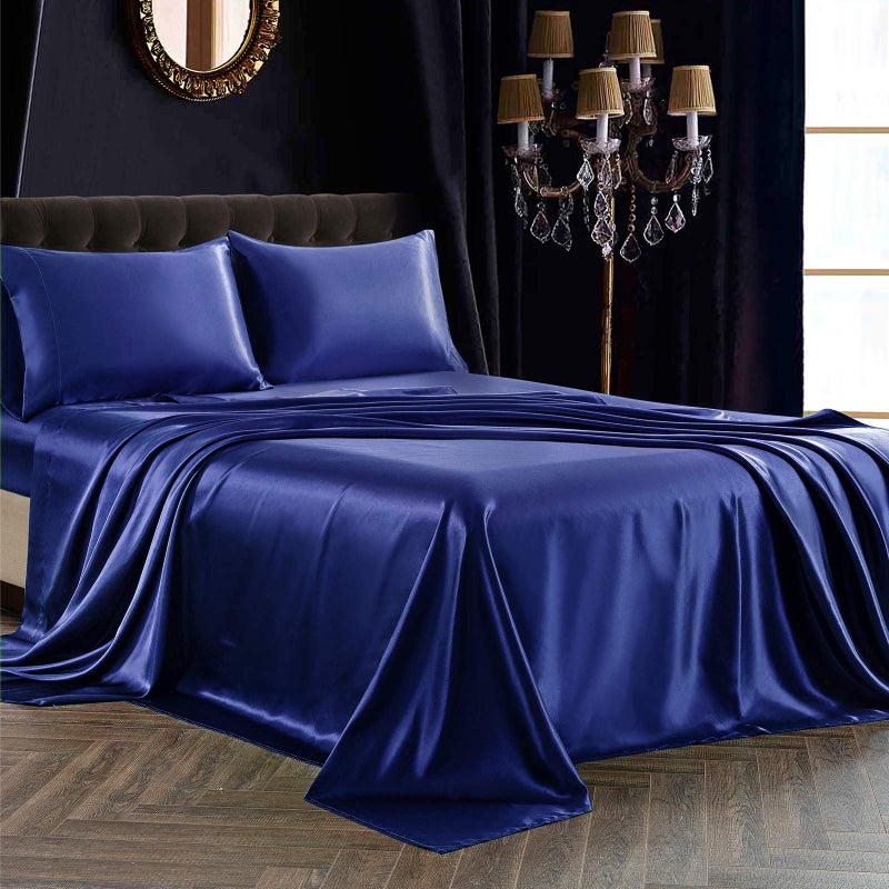 SiinvdaBZX 4Pcs Satin Sheet Set King Size Ultra Silky Soft Navy Blue Satin King Bed Sheets with Deep Pocket  1 Fitted Sheet  1 Flat Sheet  2 Envelope Closure Pillowcases - Image 1